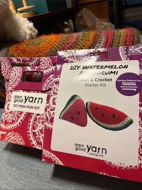 Darn Good Yarn Watermelon Amigurumi Starter Kit w/ 3 Pom Pom DIY sets